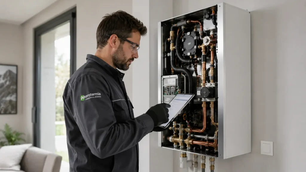 Técnico profesional realizando el mantenimiento anual de una instalación de aerotermia