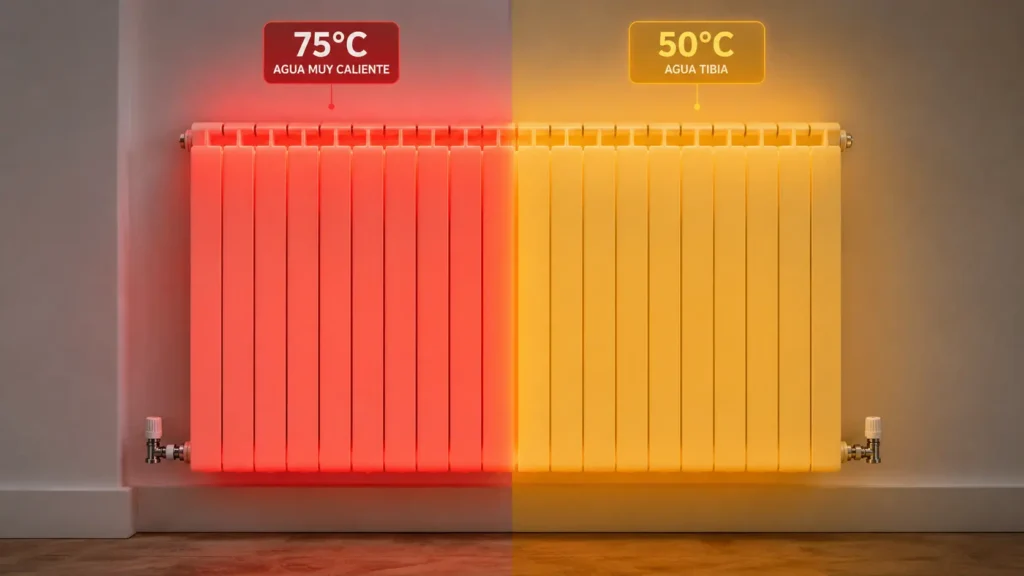 Comparativa visual de la emisión de calor de un radiador antiguo a 75 grados frente a 50 grados con aerotermia