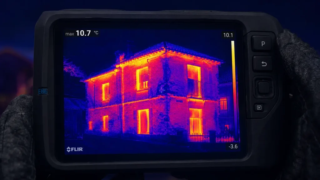 Termografía de una vivienda mal aislada mostrando fugas de calor por paredes y ventanas.