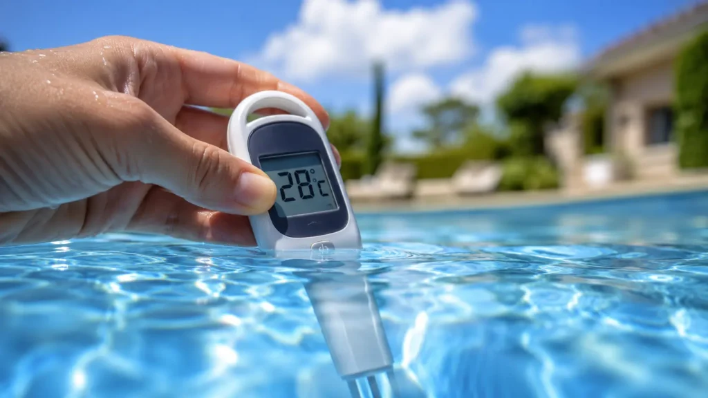 Termómetro digital marcando 28 grados en el agua de una piscina climatizada con aerotermia.