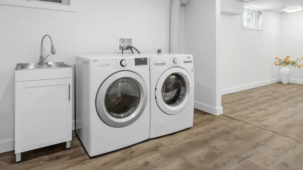 Cuarto de lavado amplio y estructurado, representando la ubicación ideal para instalar un aerotermo sin molestias de ruido o frío.