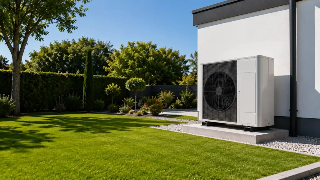 Ubicación ideal y correcta de una unidad exterior de aerotermia en un jardín amplio y ventilado.