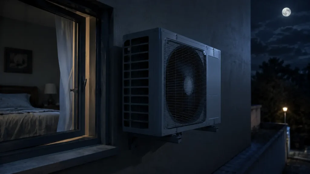 Unidad exterior de aerotermia instalada demasiado cerca de la ventana de un vecino causando problemas de ruido nocturno.