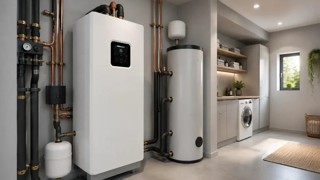 Unidad interior de aerotermia premium de alta gama instalada en una vivienda