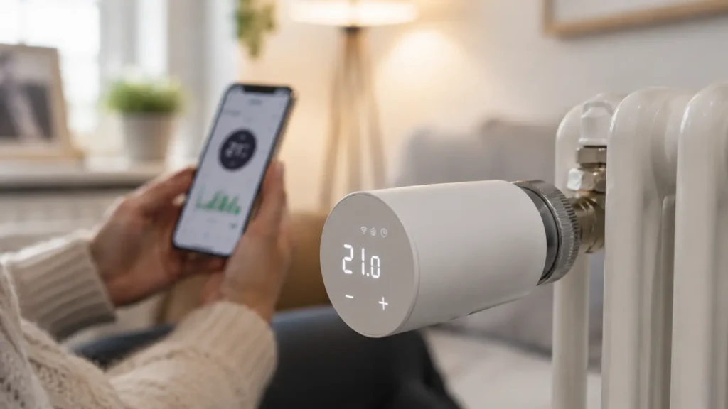 Válvula termostática inteligente instalada en un radiador para el control de temperatura por habitaciones.