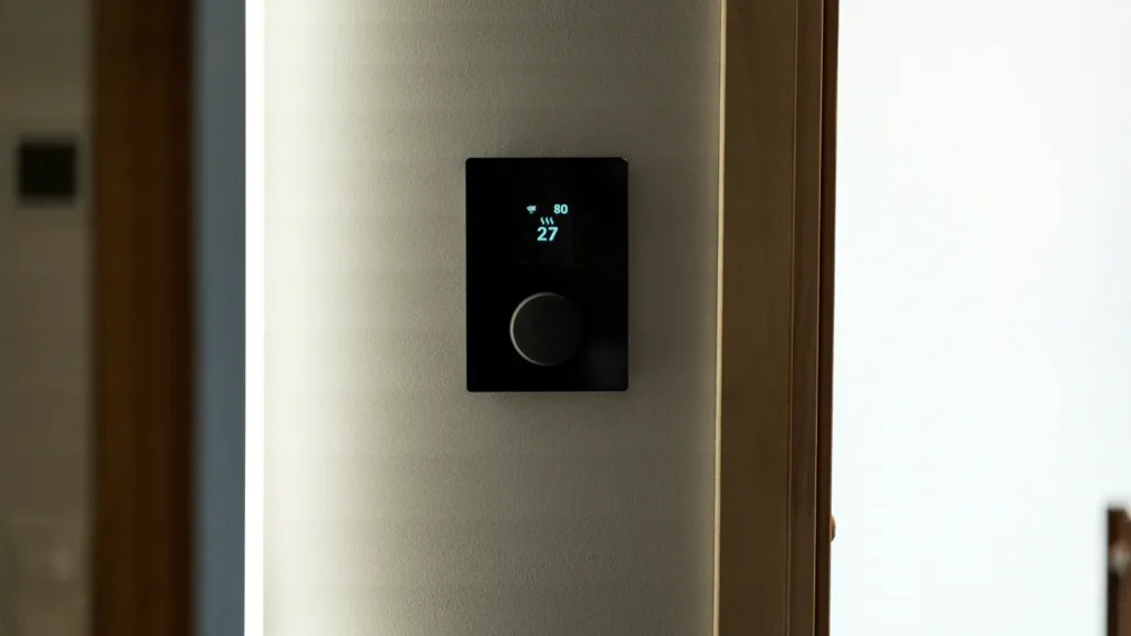 Termostato inteligente en pared de vivienda mostrando temperatura exterior baja en invierno, representando el consumo real nocturno de la aerotermia que el dimensionado comercial ignora