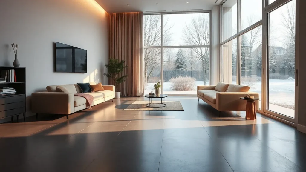 Interior de vivienda moderna con suelo radiante en funcionamiento, representando el primer invierno de datos reales de consumo de aerotermia antes de instalar solar