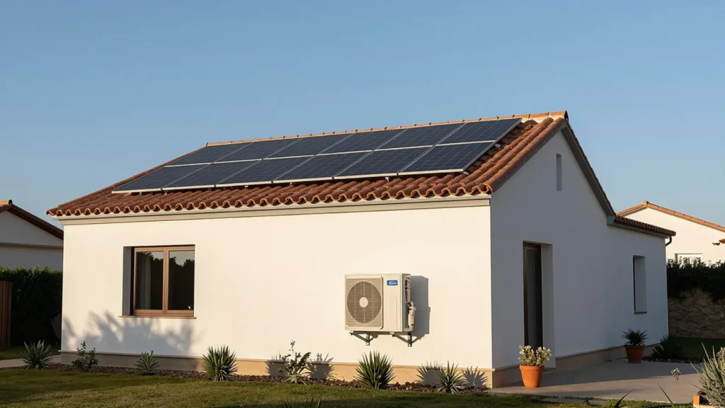 Vivienda unifamiliar con unidad exterior de aerotermia y paneles solares en tejado instalados por fases, resultado final de estrategia de inversión correcta