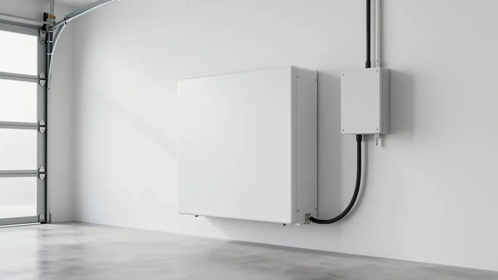 Batería de almacenamiento solar instalada en pared de garaje de vivienda unifamiliar, sin logos visibles, representando la inversión en baterías de litio para autoconsumo