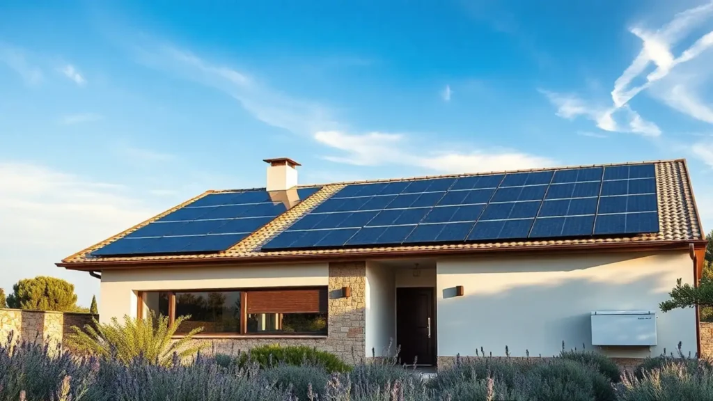 Vivienda unifamiliar española con instalación solar completa y batería física en fachada, representando la decisión de invertir en almacenamiento físico versus optar por batería virtual gratuita