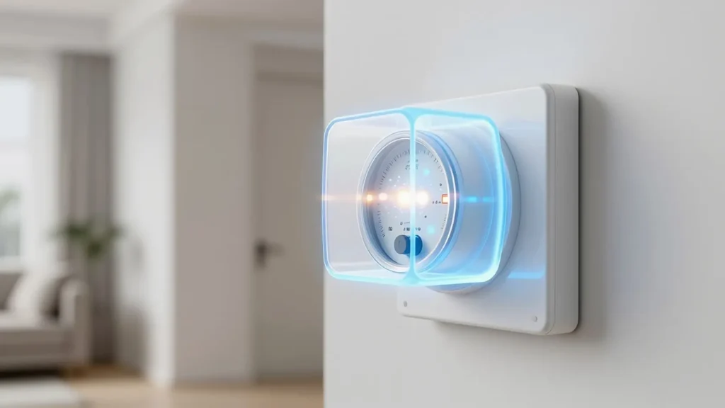 Concepto visual de batería virtual de almacenamiento de energía solar en vivienda, representando el crédito de excedentes fotovoltaicos