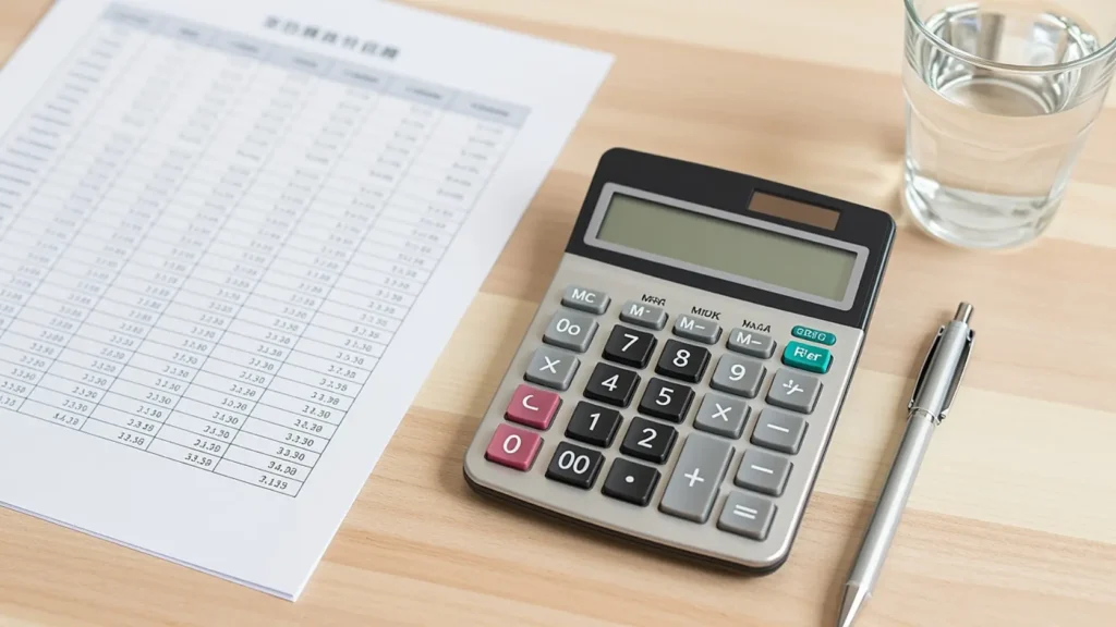 Calculadora y hoja de cálculo financiero sobre mesa de madera, representando el análisis de amortización de una instalación solar sin contar subvenciones