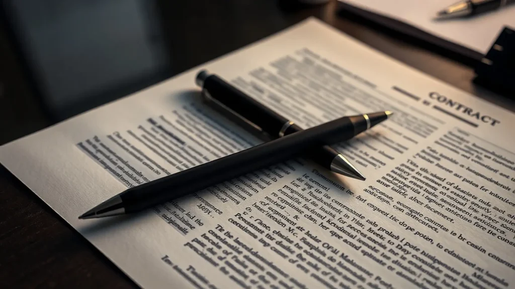 Primer plano de documento contractual con cláusulas densas sobre mesa de madera, representando la letra pequeña de los contratos de renting fotovoltaico
