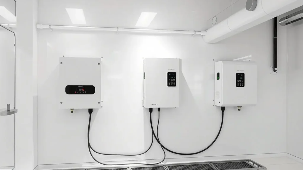 Tres inversores solares de distintas características dispuestos en pared técnica, representando la comparativa de opciones de inversores string para fotovoltaica residencial en 2026
