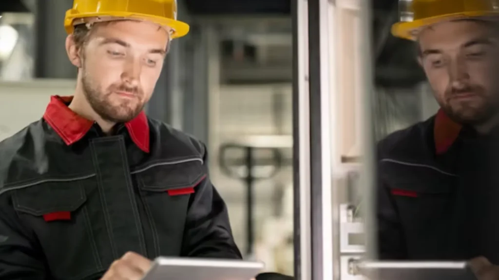 Técnico configurando inversor híbrido con tableta en cuarto de instalaciones sin logos, representando la puesta en marcha optimizada que debería incluir toda instalación de placas con batería y aerotermia