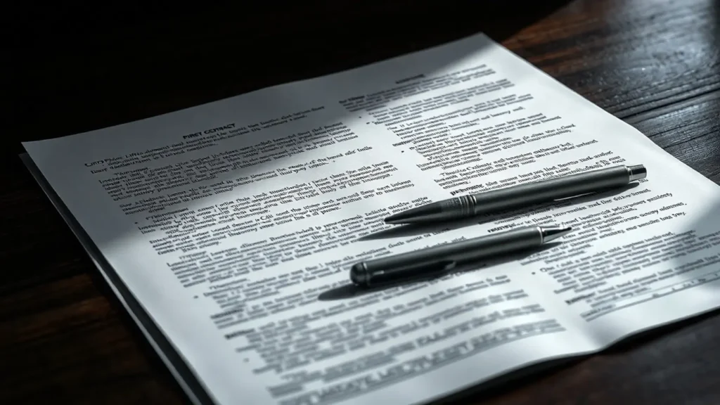 Detalle de documento contractual con cláusulas de garantía sobre mesa de madera oscura con bolígrafo, representando la importancia de revisar el contrato de garantía de instalación solar