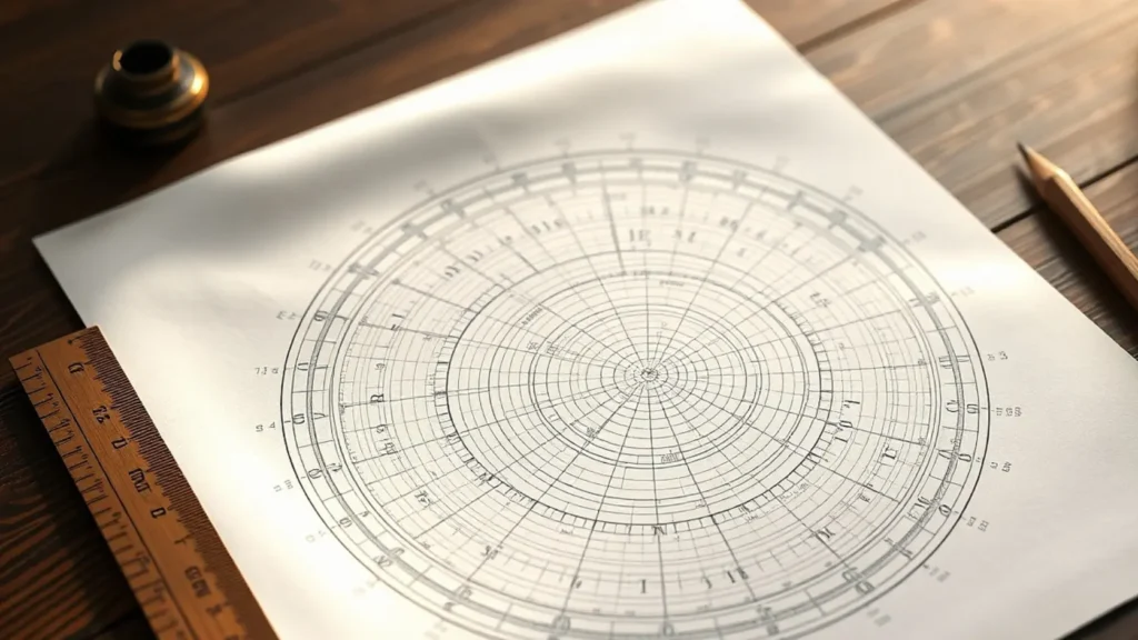 Diagrama técnico de trayectoria solar impreso en papel sobre escritorio de madera con regla y lápiz, representando el análisis riguroso de sombras que todo estudio de producción fotovoltaica debería incluir