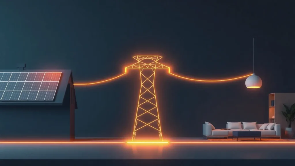 Esquema técnico del flujo de energía entre instalación solar, red eléctrica y vivienda en sistema de batería virtual de compensación