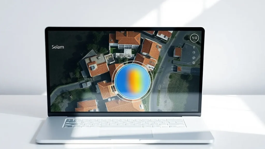 Portátil mostrando herramienta de análisis solar con vista satelital de tejados residenciales, representando el uso de herramientas como PVGIS para verificar estudios de producción fotovoltaica reales