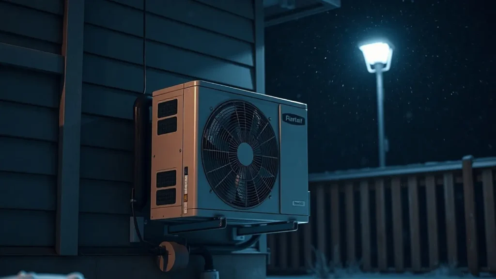 Vivienda unifamiliar española en invierno con paneles solares, aerotermia y batería instalados visibles en el exterior, representando la instalación completa que requiere un dimensionado real para las noches de frío