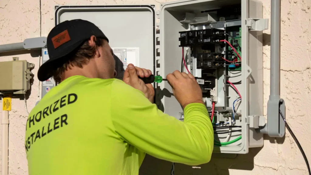 Técnico electricista trabajando en cuadro eléctrico durante instalación de sistema de baterías solar sin logos visibles, representando el coste oculto de actualización del cuadro eléctrico