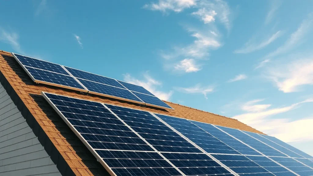 Instalación solar fotovoltaica en tejado inclinado de vivienda residencial bajo cielo despejado, representando una inversión rentable por sí misma sin depender de subvenciones