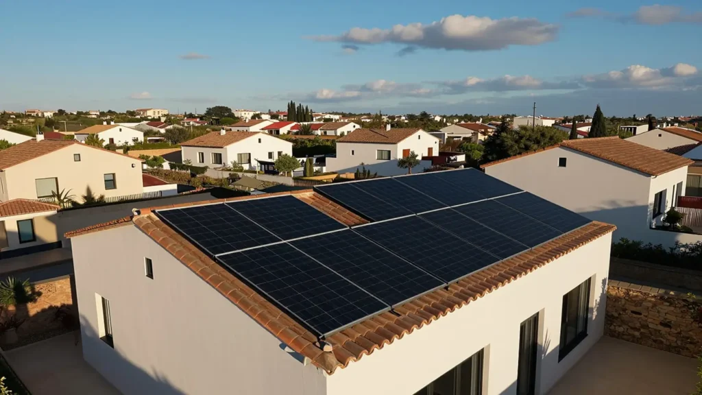 Vista aérea de tejado de vivienda unifamiliar española con instalación solar fotovoltaica completa bajo cielo despejado, representando una instalación optimizada sin batería física