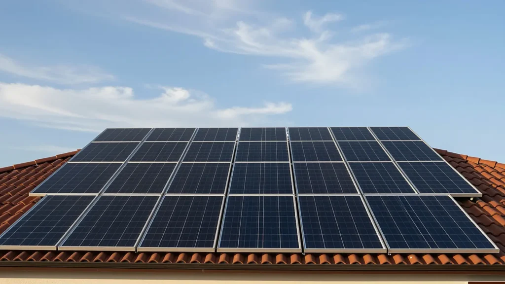 Instalación fotovoltaica completa en tejado residencial bajo cielo despejado, representando la perspectiva a 25 años de una inversión solar con mantenimiento real incluido en los cálculos