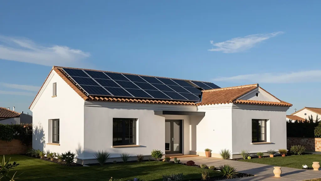 Vivienda unifamiliar con instalación solar fotovoltaica en tejado bajo cielo despejado, representando la propiedad del sistema obtenida mediante compra al contado