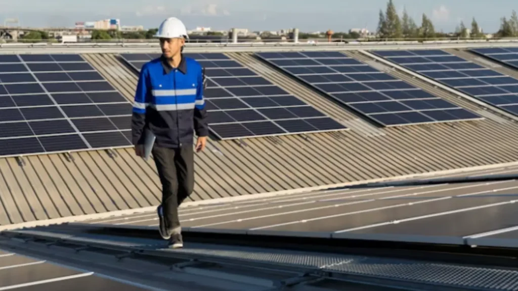 Técnico instalador fotovoltaico trabajando en tejado revisando conexiones de paneles solares, representando la evaluación profesional del tipo de inversor necesario