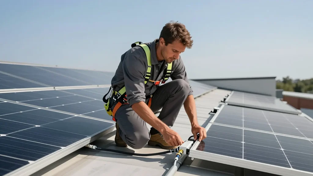 Técnico instalador solar inspeccionando conexiones en tejado con equipo de protección, representando a un instalador solvente con buen servicio postventa
