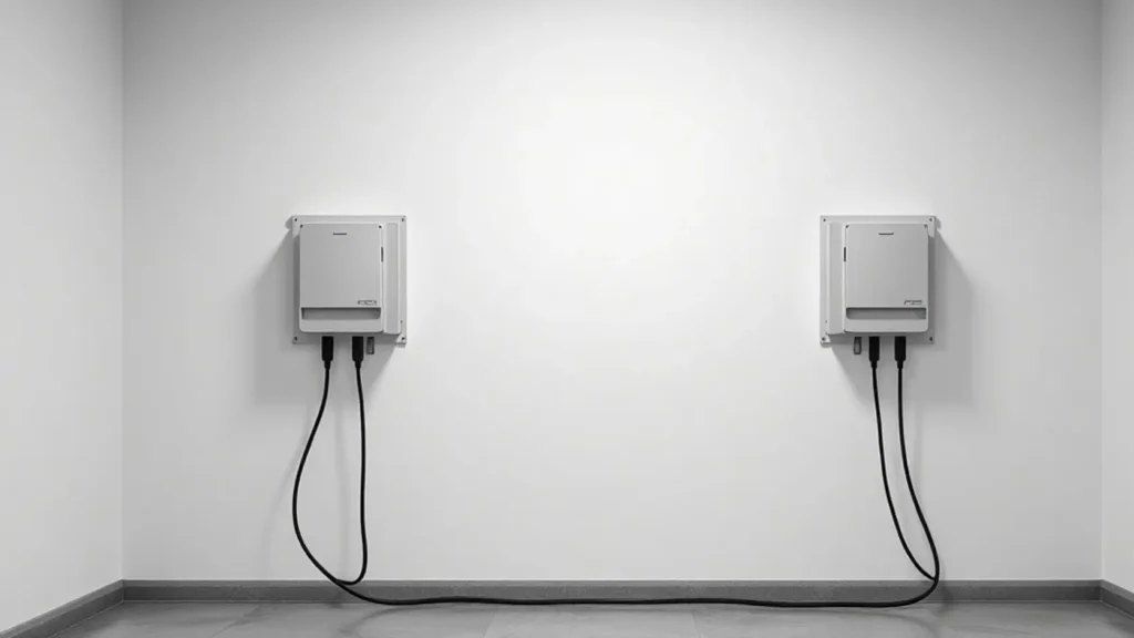 Dos inversores cargadores de distintas marcas instalados en pared de cuarto técnico residencial sin logos, representando las opciones de acoplamiento AC compatibles con cualquier batería solar