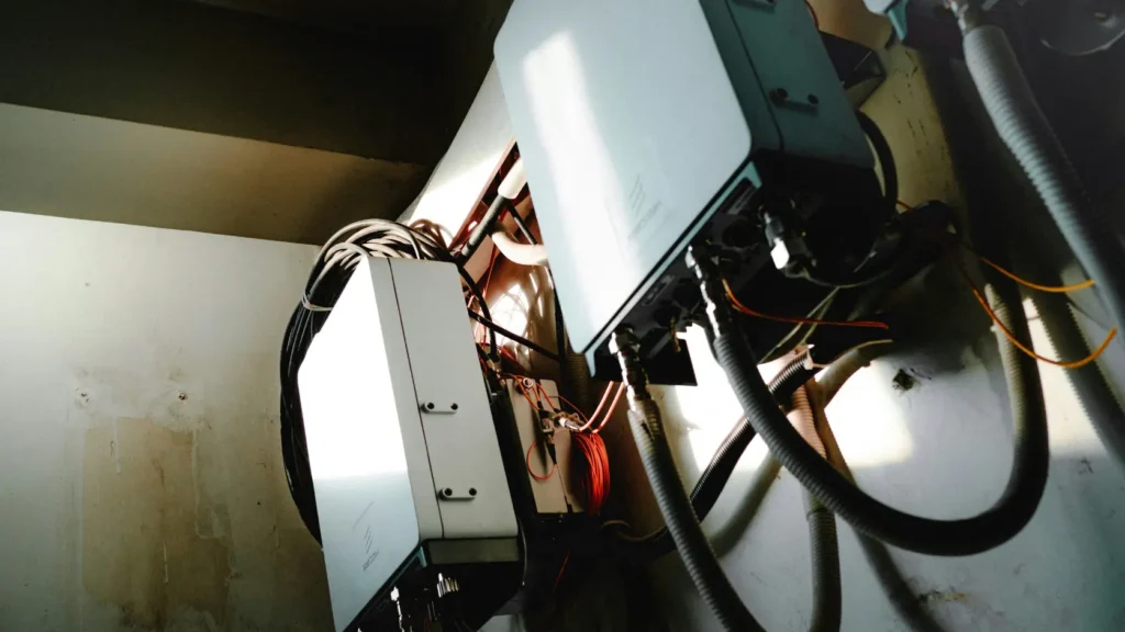 Inversor solar instalado en pared de garaje junto a módulo de batería sin logos visibles, representando la combinación imprescindible de inversor híbrido y almacenamiento en una instalación fotovoltaica completa