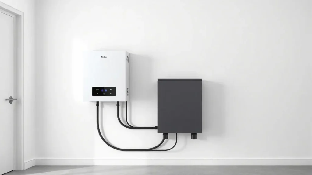 Inversor híbrido solar y módulo de batería instalados en pared de cuarto técnico residencial sin logos, ilustrando la integración necesaria de ambos componentes y su coste conjunto