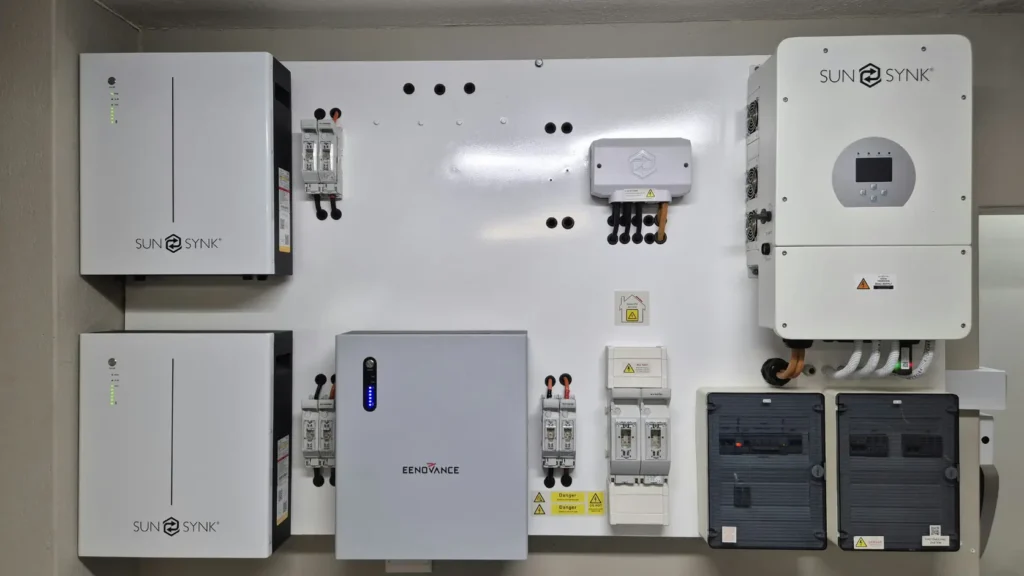 Inversor solar y panel de monitorización instalado en pared de cuarto técnico doméstico, representando la gestión del sistema fotovoltaico con almacenamiento