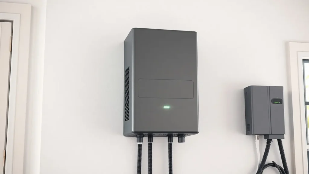 Inversor solar moderno de instalación doméstica montado en pared de sala técnica de vivienda unifamiliar