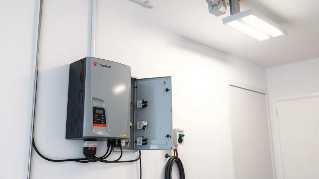 Inversor solar instalado junto a cuadro eléctrico en sala técnica de vivienda, representando la correcta legalización de una instalación fotovoltaica