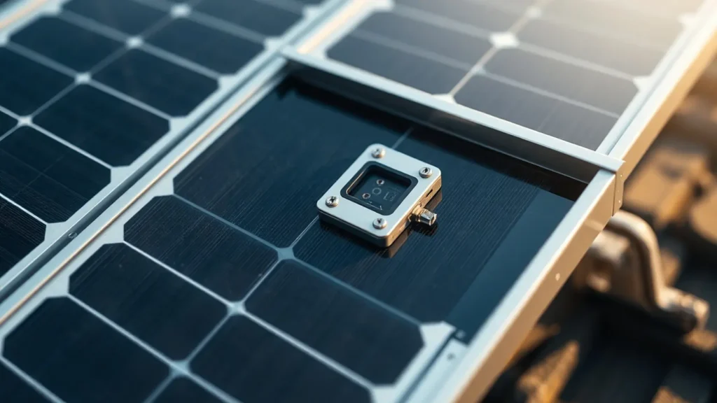 Detalle técnico del reverso de un panel solar fotovoltaico con caja de conexiones, representando los componentes adicionales como optimizadores de potencia