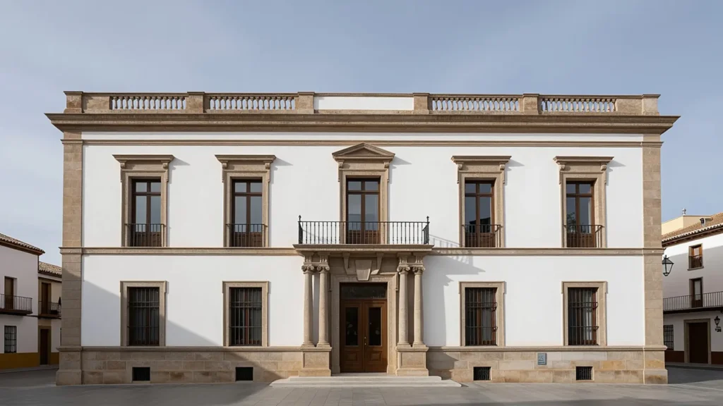 Fachada de ayuntamiento español de ciudad mediana bajo cielo despejado, representando que la bonificación del IBI para placas solares depende exclusivamente de la ordenanza municipal