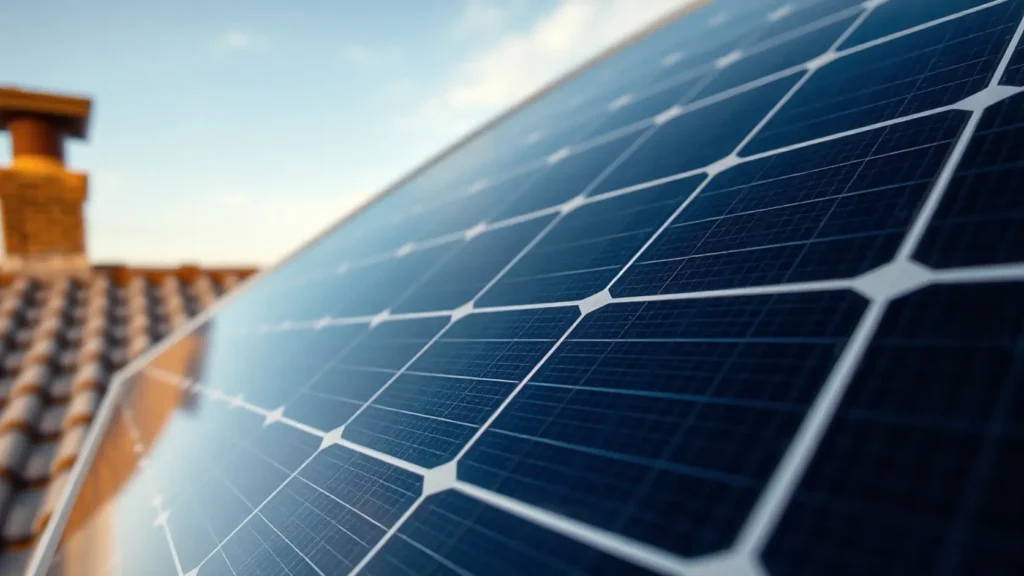 Detalle de célula de panel solar fotovoltaico monocristalino instalado en tejado de vivienda con fondo de cielo