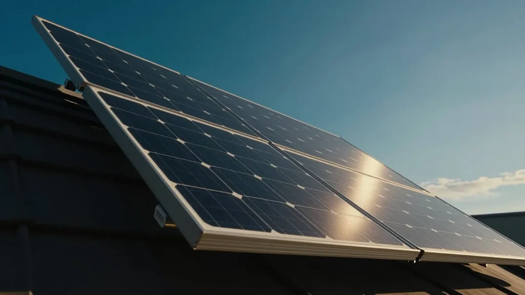 Panel solar fotovoltaico monocristalino visto desde abajo a contraluz con cielo despejado, representando el aprovechamiento de excedente con aerotermia