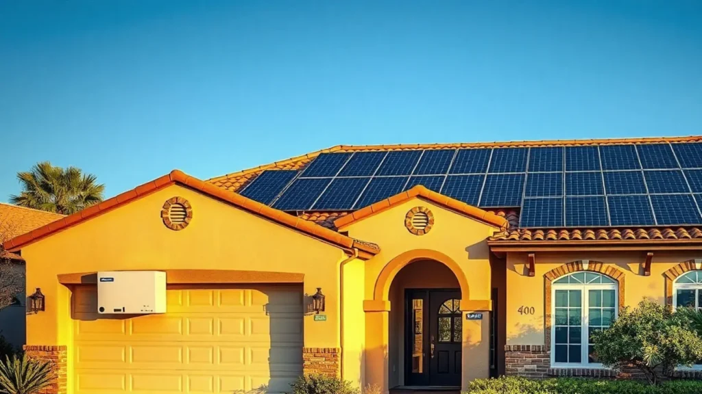 Vivienda unifamiliar española con sistema fotovoltaico completo y módulo de almacenamiento de baterías instalado en fachada, representando el coste real total de una instalación solar con almacenamiento